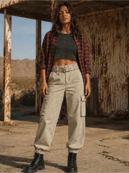 Forever 21 Pants - Forever 21 Khaki High Rise Belted Cargo Jogger Pants Utility Y2K 100% Cotton XS